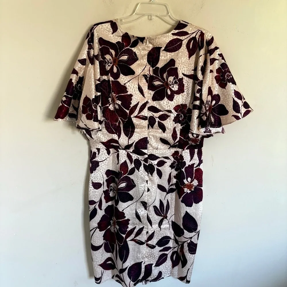 London Times Floral‎ Faux Wrap Dress Cream Burgundy Size 14